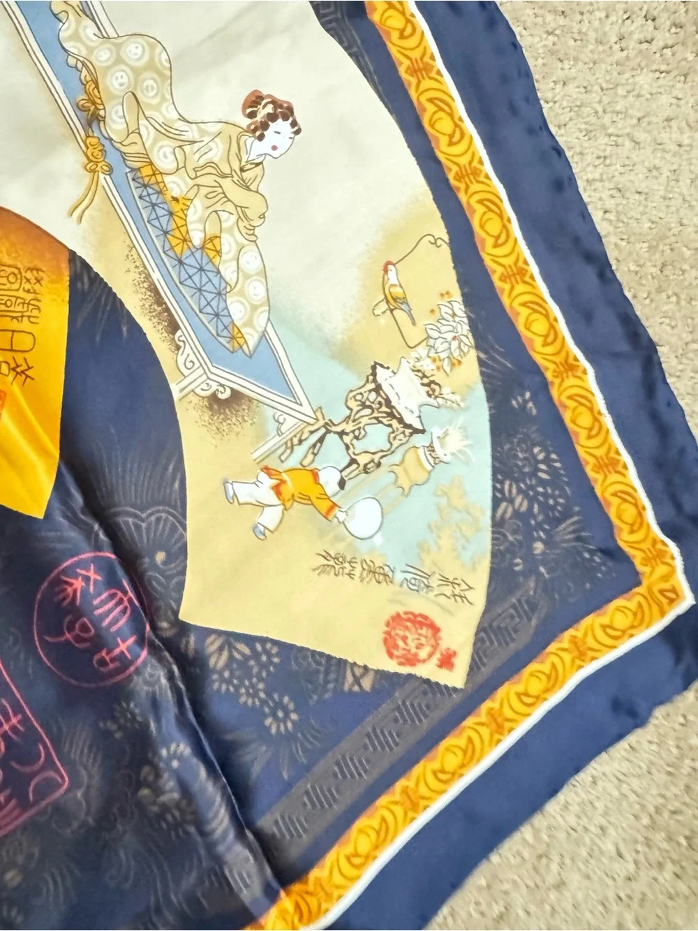 Tongyu Silk-scarf. 40 by 40 inches. Never worn.Colors are slightly muted
